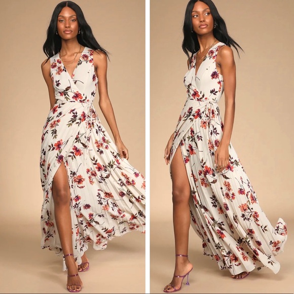 Lulus Dresses & Skirts - SOLD‼️Lindsie Ivory Multi Floral Print Pleated Wrap Maxi Dress